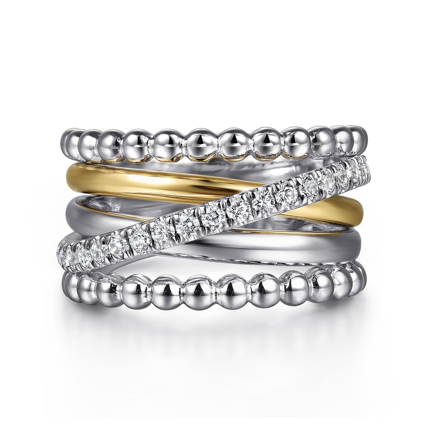 Sterling Silver and 14K Yellow Gold White Sapphire Wide Band Ring-Bujukan