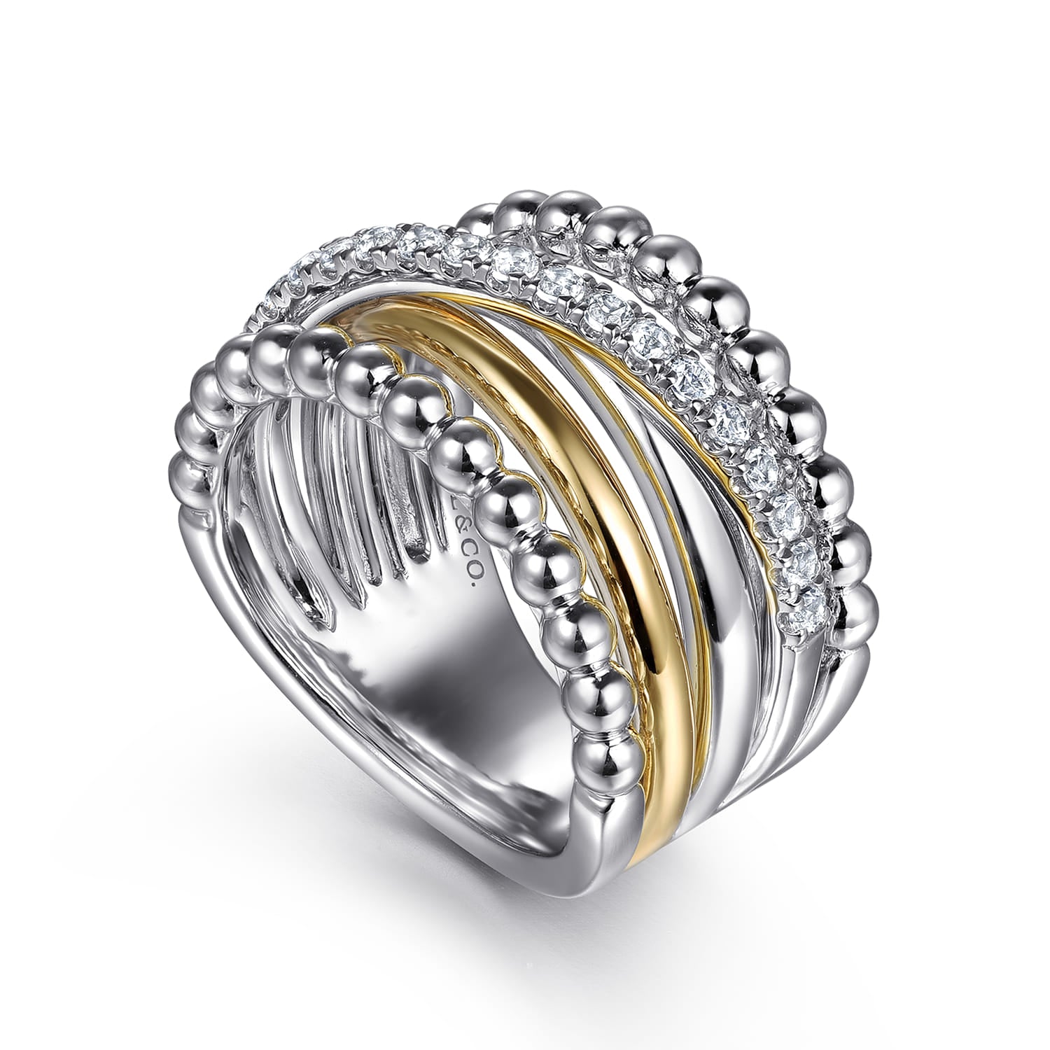 Sterling Silver and 14K Yellow Gold White Sapphire Wide Band Ring-Bujukan