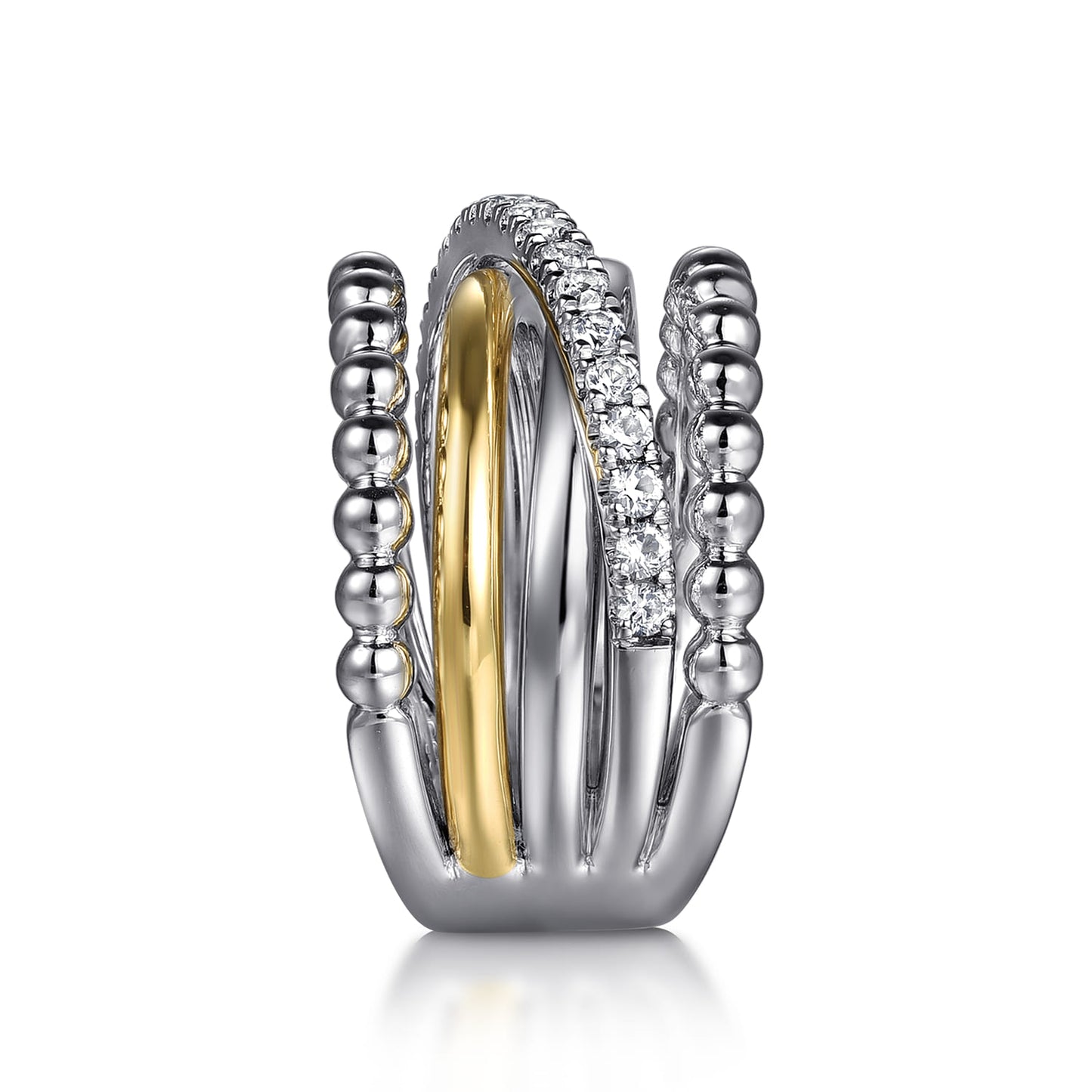 Sterling Silver and 14K Yellow Gold White Sapphire Wide Band Ring-Bujukan
