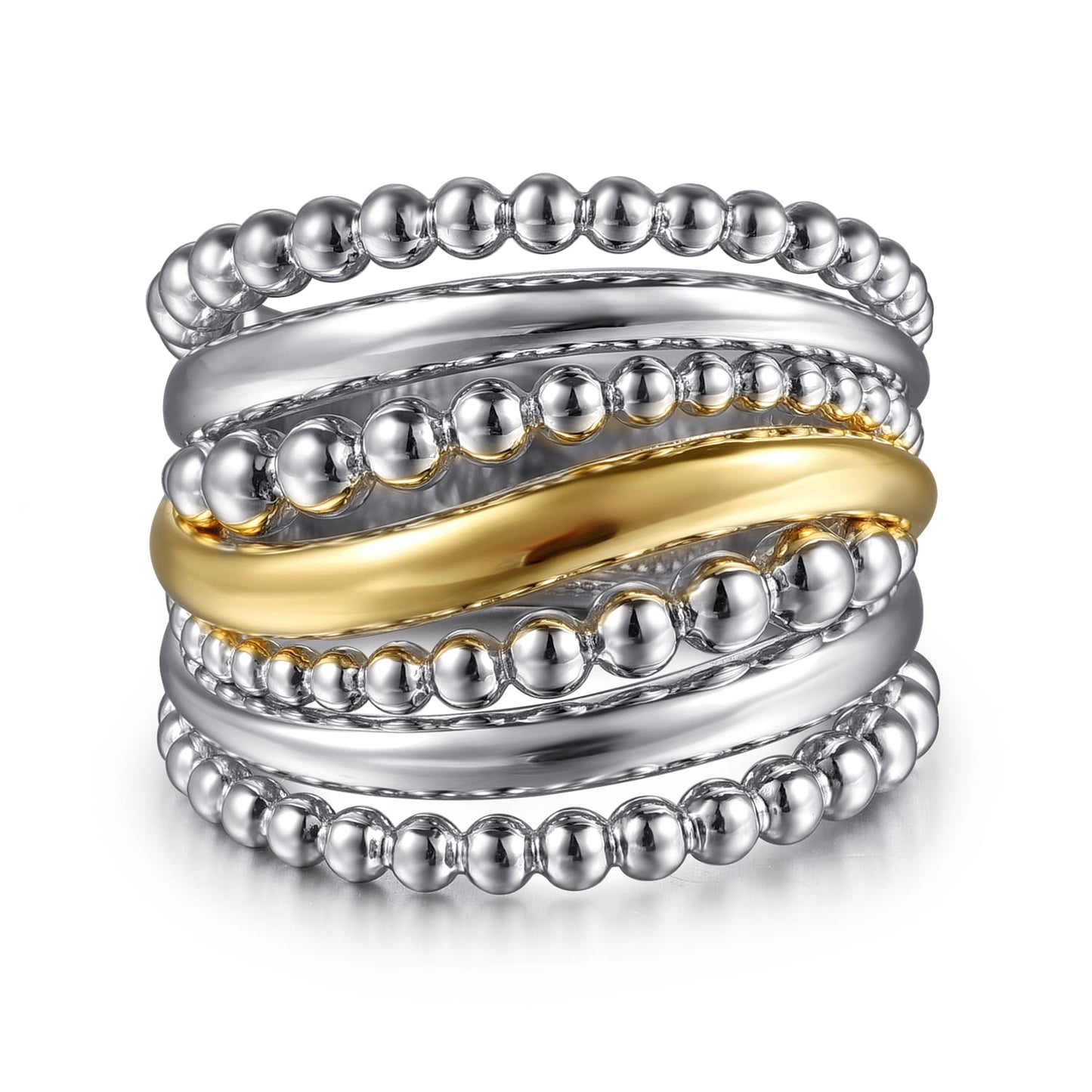 Sterling Silver and 14K Yellow Gold Bujukan Multiple Row Wide Band Ring