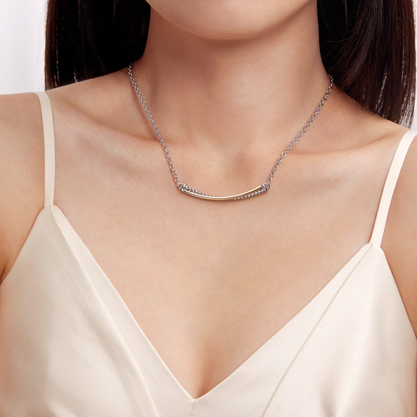 Yellow Gold and 925 Sterling Silver Bujukan Criss Cross Bar Necklace